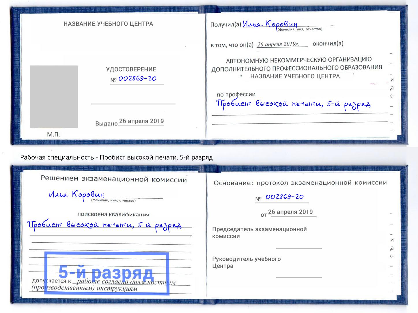 корочка 5-й разряд Пробист высокой печати Валуйки