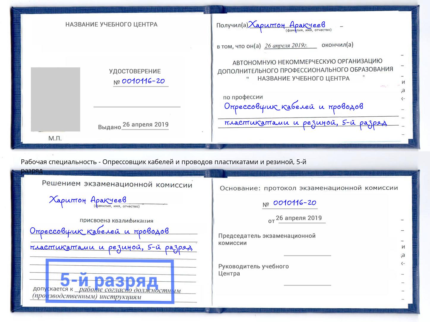 корочка 5-й разряд Опрессовщик кабелей и проводов пластикатами и резиной Валуйки